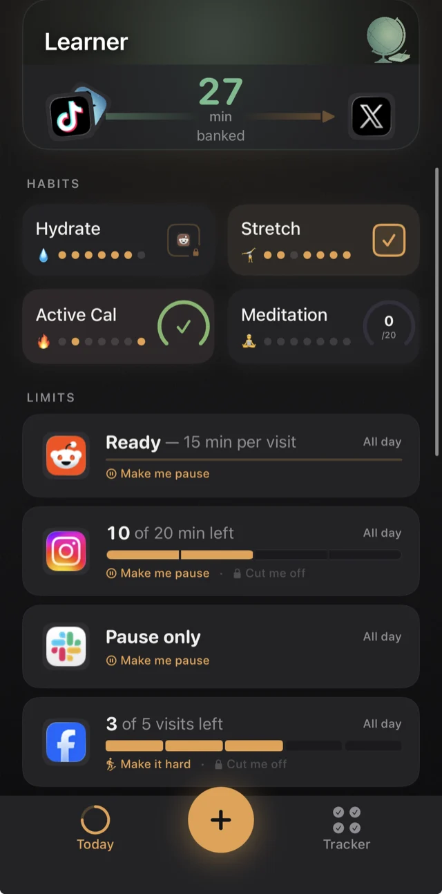 Tonic on a real iPhone: habit progress and app limits, including 10 of 20 minutes left on Instagram and 3 of 5 visits left